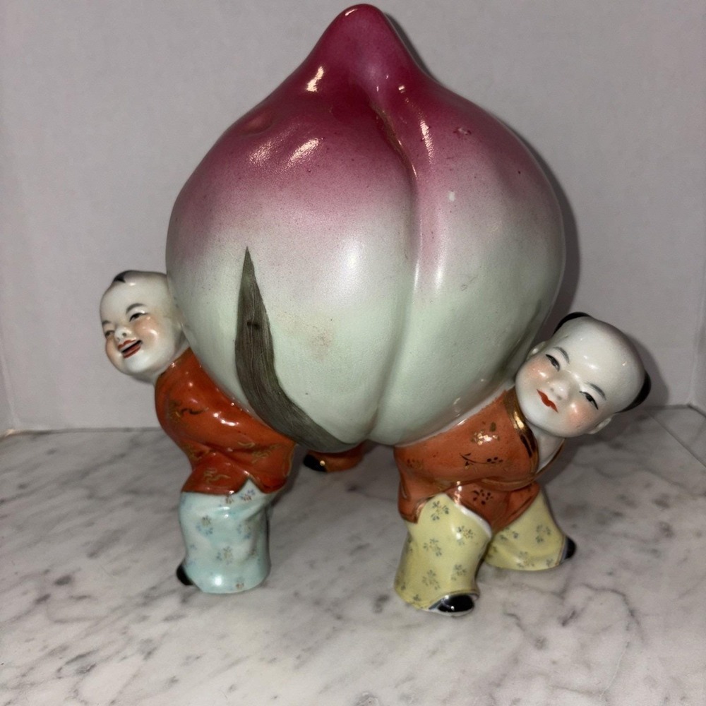 Vtg Asian Chinese Porcelain Longevity Peach 10" Carried By 3 Children Shou Tao